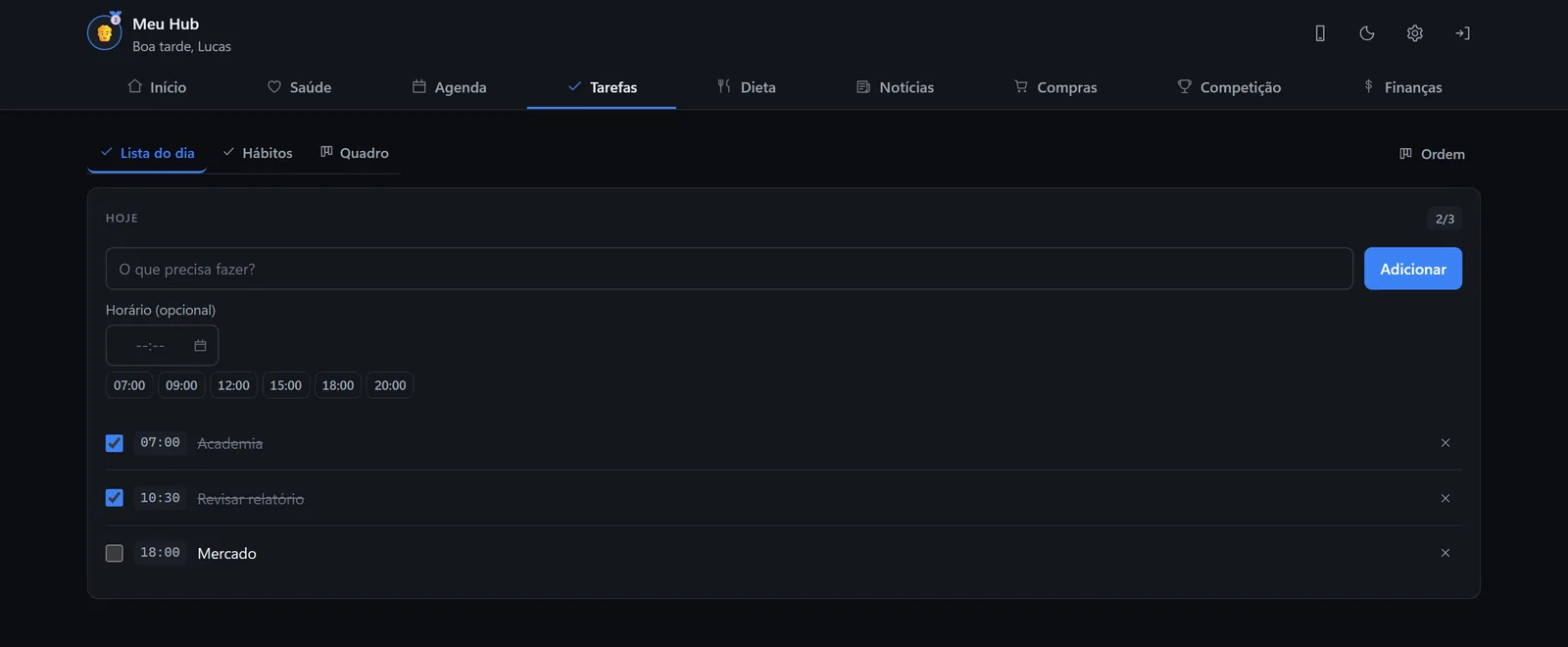 Aba de tarefas do Hub com lista do dia